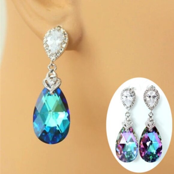 💥 Waterdrop Gems Dangle Earrings for Women Silver Plating Stud CZ, HA4533 - Picture 2 of 2